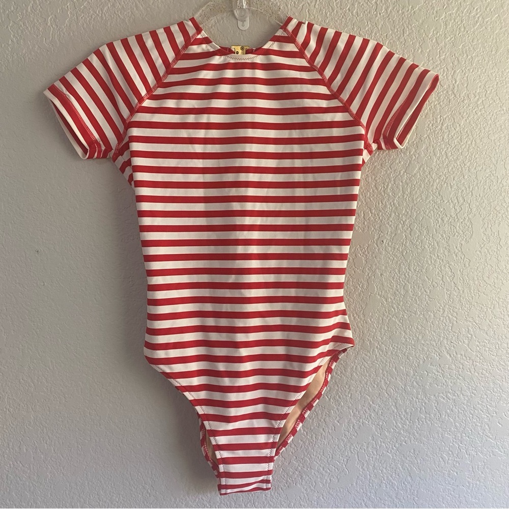 J Crew Women's Red Open-back Short-sleeve Swimsuit In Classic Stripe